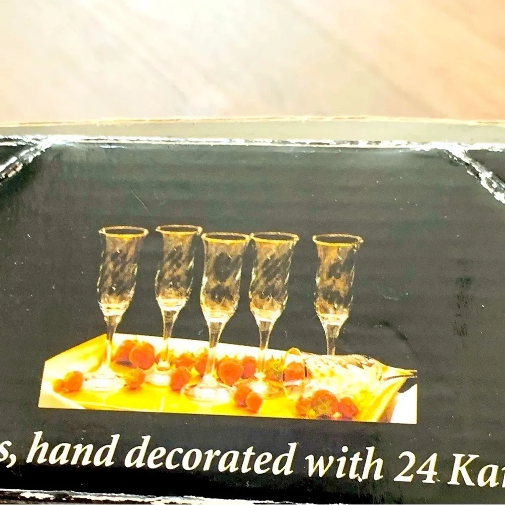Hand Decorated 24 karat Gold 6 champagne flutes from Turkey